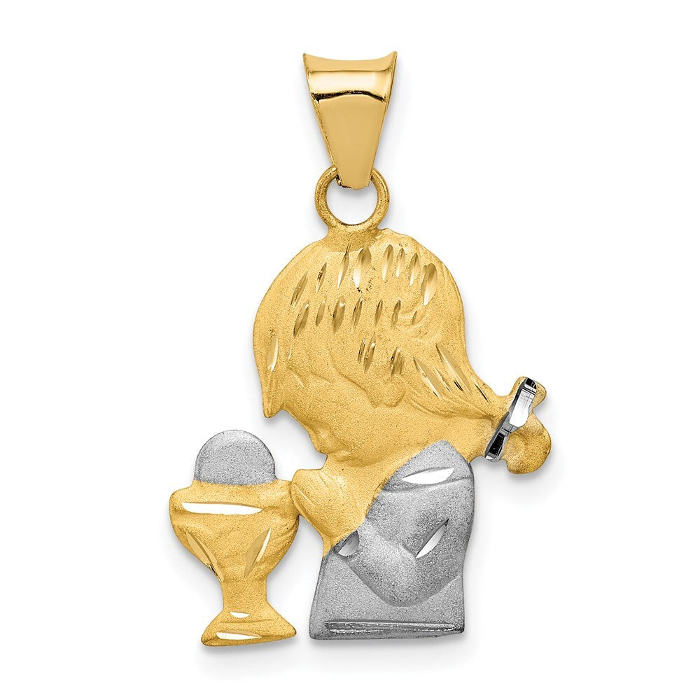 14k Yellow Gold Rhodium Diamond-Cut Girl Communion Semi-solid Pendant for Women