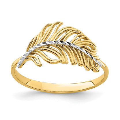 14K Yellow Gold with White Rhodium Feather Ring