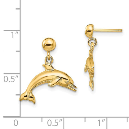 14k Yellow Gold Jumping Dolphin Dangle Earrings Gift for Women