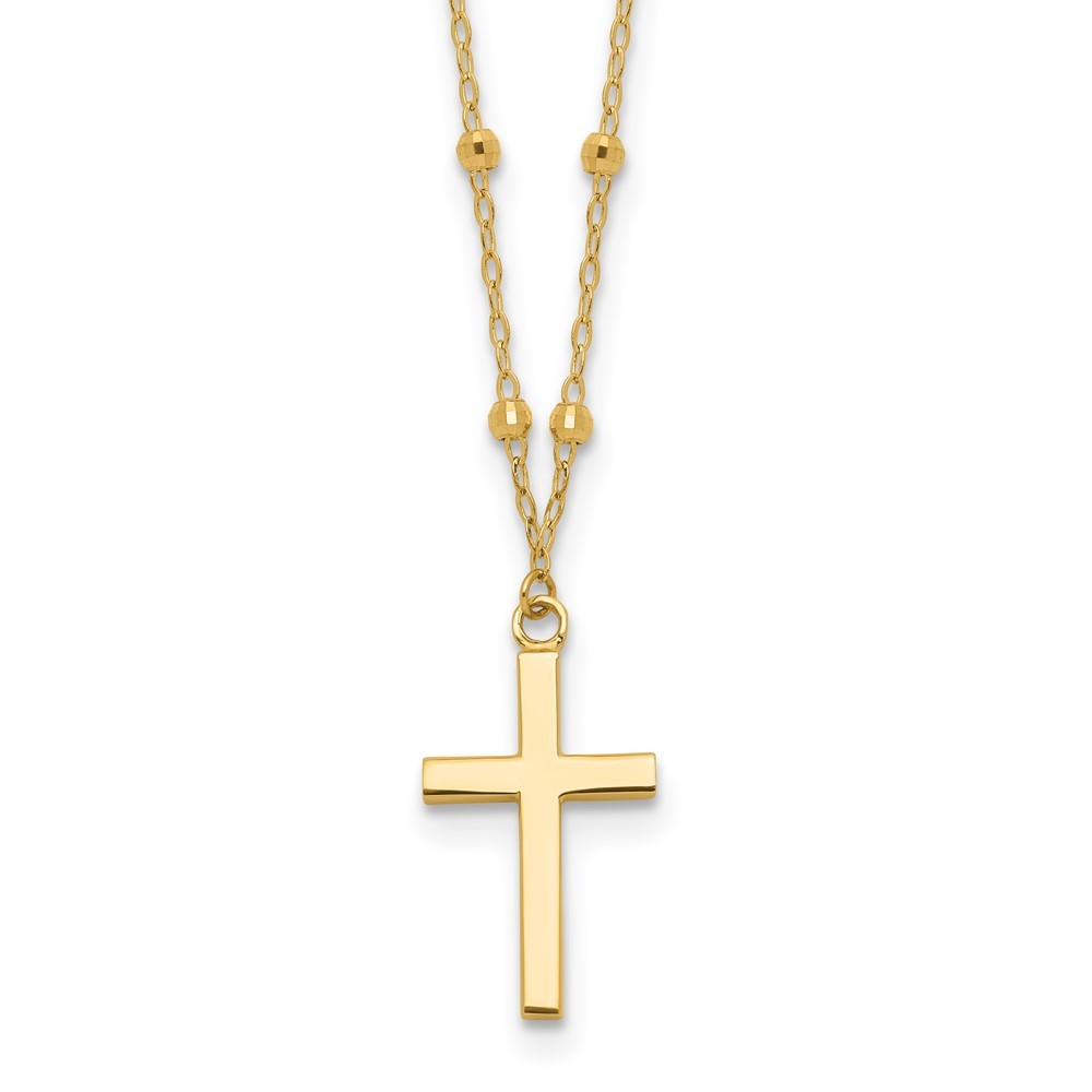 14k Yellow Gold Mirror Beaded Cross Pendant Necklace 16.25" Plus 2" Extender