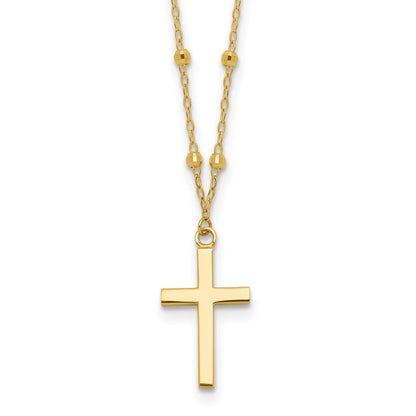 14k Yellow Gold Mirror Beaded Cross Pendant Necklace 16.25" Plus 2" Extender