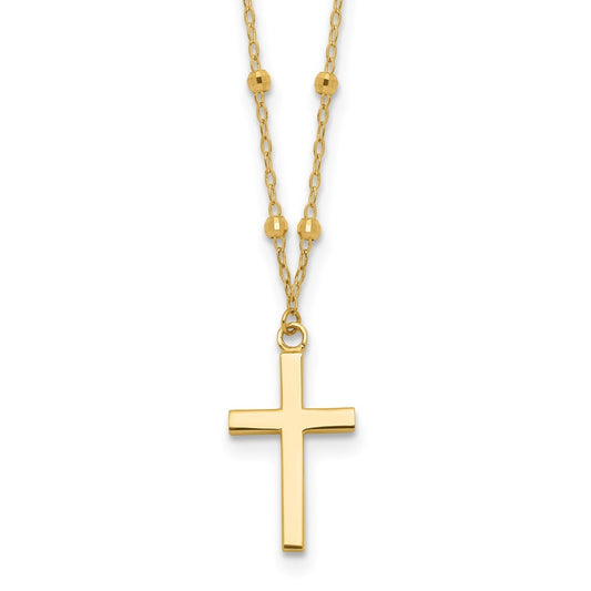 14k Yellow Gold Mirror Beaded Cross Pendant Necklace 16.25" Plus 2" Extender