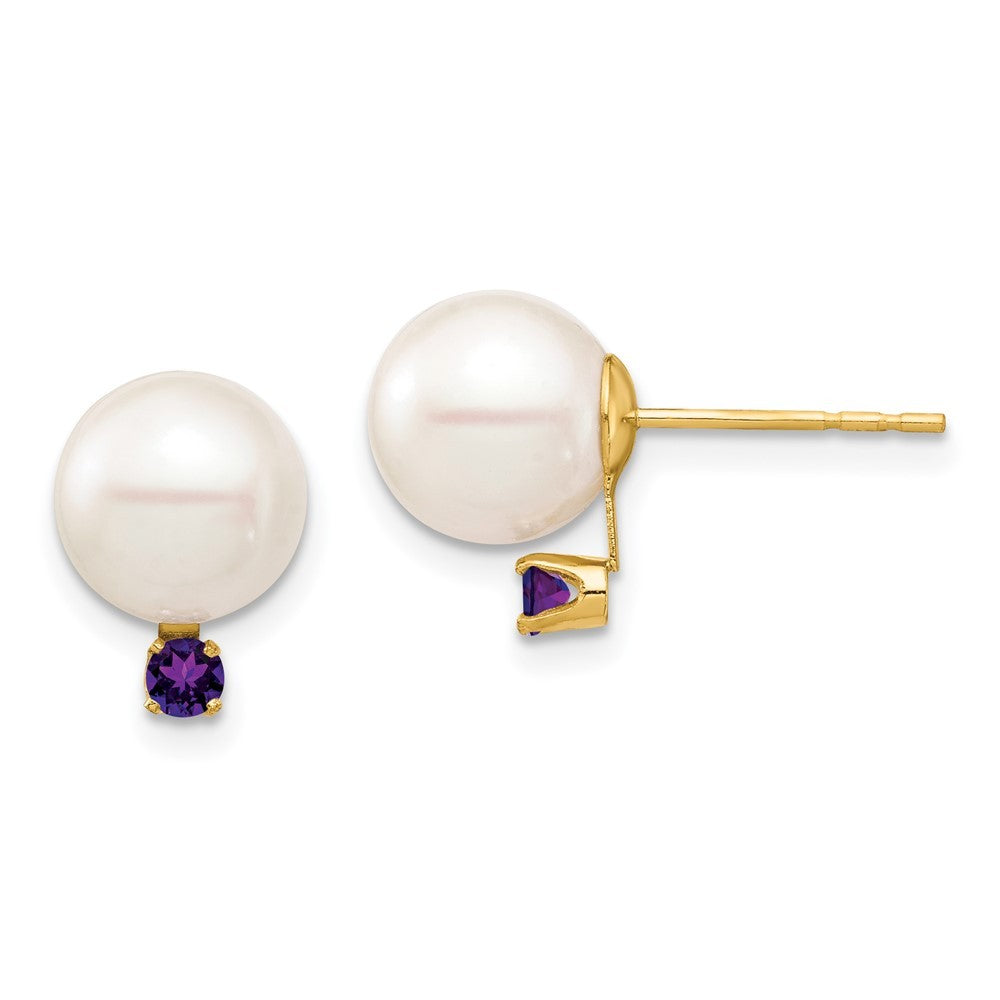 14k Yellow Gold 8-8.5mm Freshwater Cultured Pearl &  Amethyst Earrings