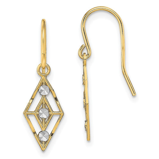 14k Yellow Gold w/Rhodium Diamond-cut Small Diamond Shape Wire Earrings