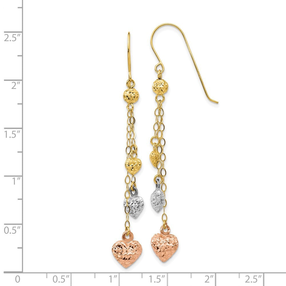14k Tri-color Puff Heart Dangle Earrings