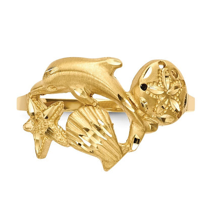 14K Yellow Gold Satin Diamond-cut Dolphin Starfish Shell Sand Dollar Ring Size 7