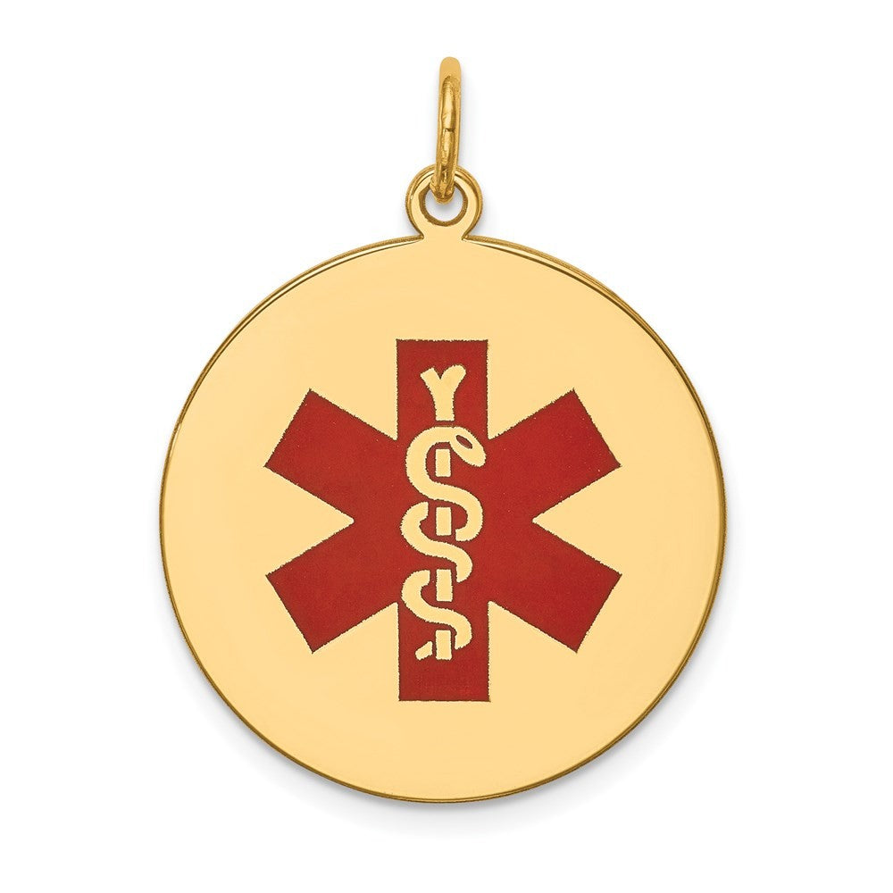 14k Yellow Gold 22mm Round Red Enameled Medical Jewelry Pendant
