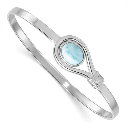 Sterling Silver Rhodium-plated  and Textured Larimar Cabochon Flexible Bangle