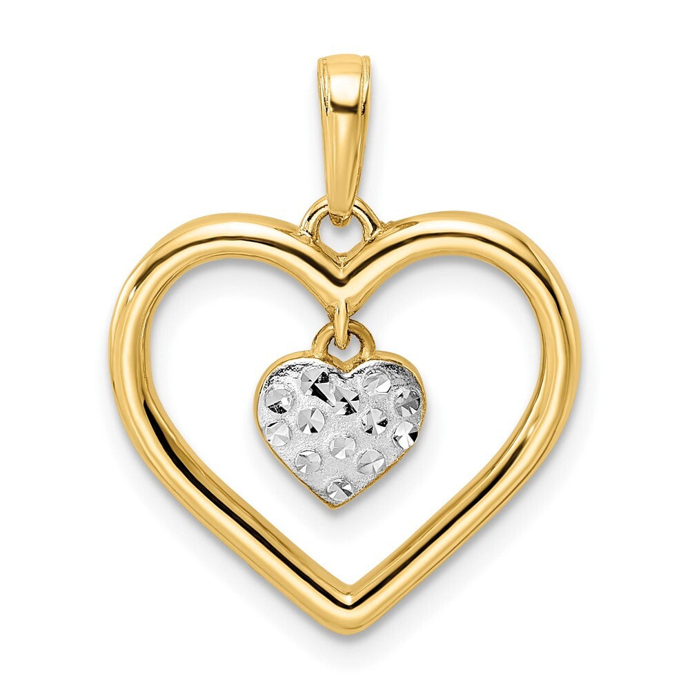 14k Yellow Gold and White Rhodium Diamond-cut Heart Dangle Heart Pendant