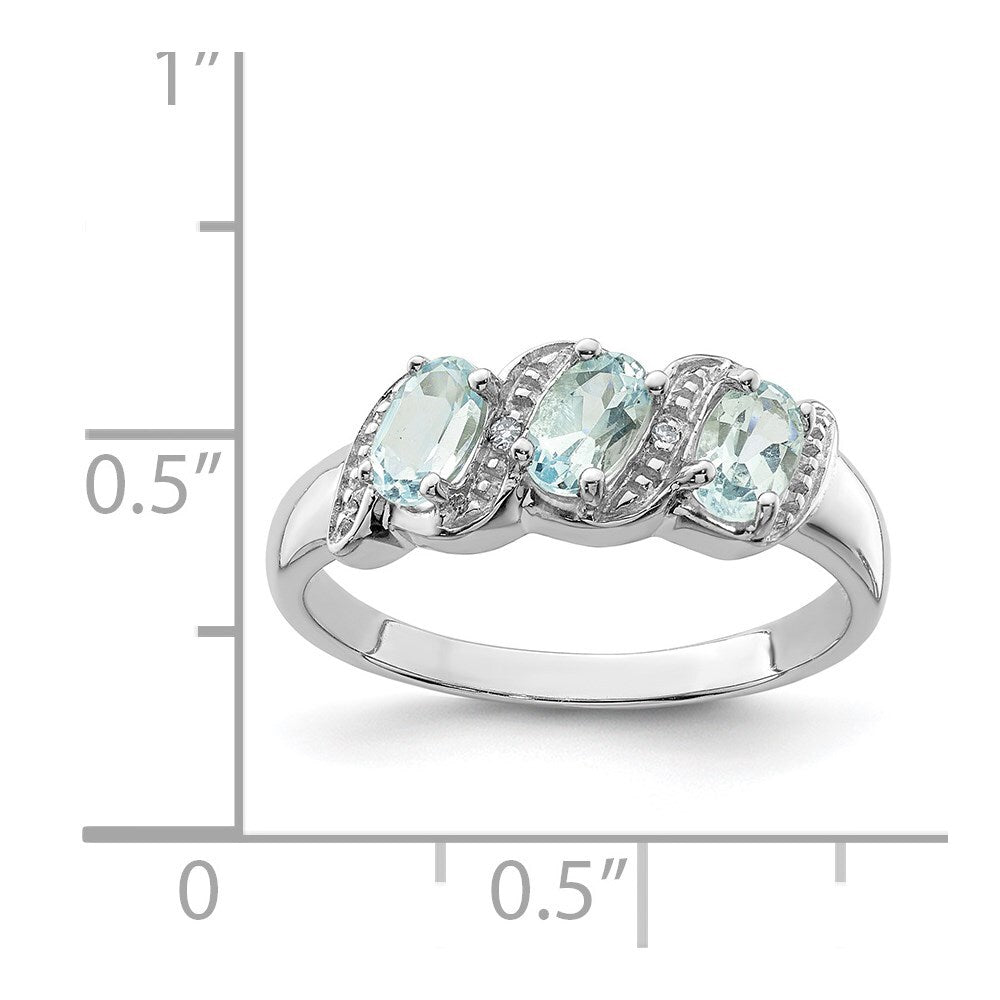 Sterling Silver Rhodium Aquamarine & Diamond Ring Size 8