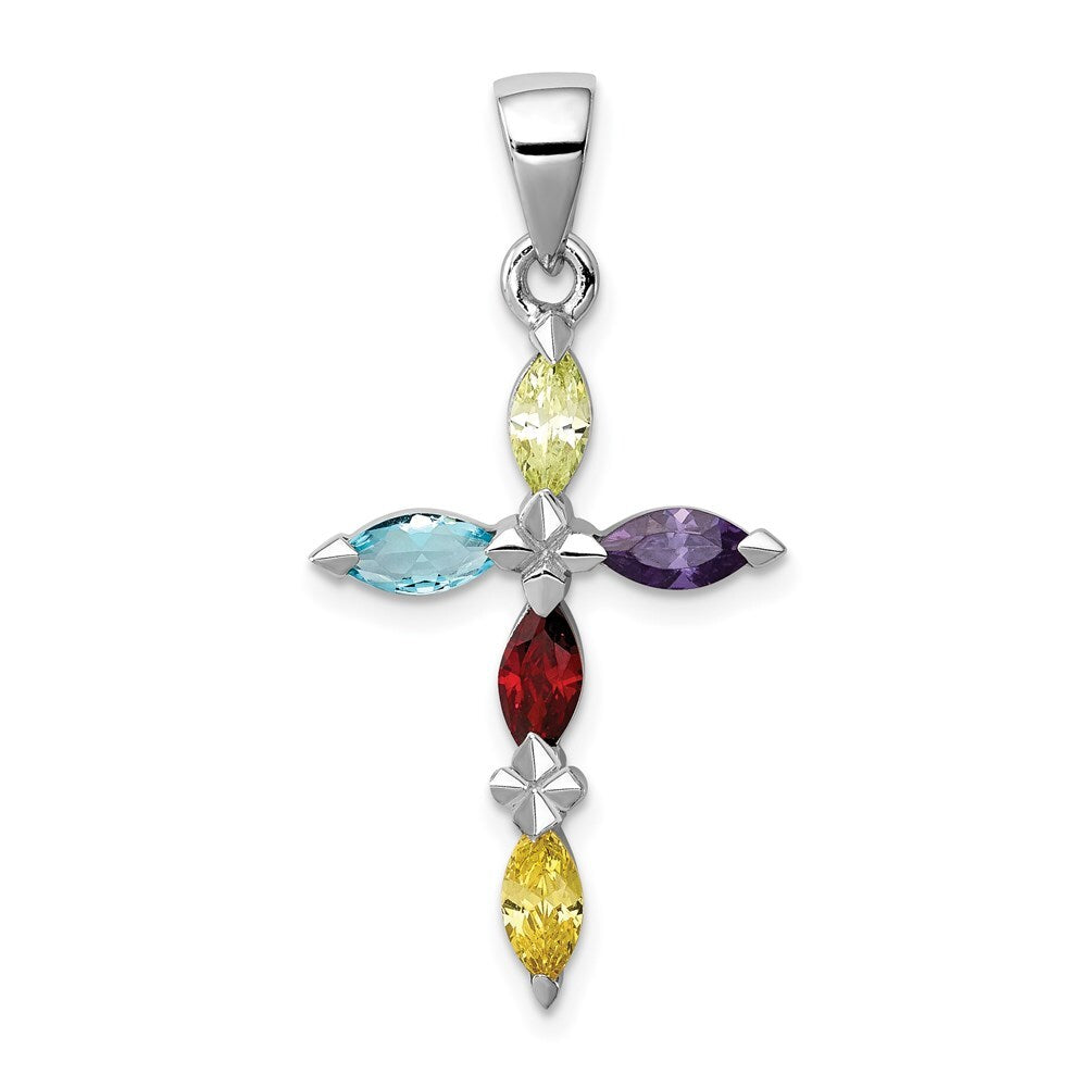 Sterling Silver Rhodium-plated Multi-Color Cubic Zirconia Cross Pendant