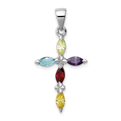 Sterling Silver Rhodium-plated Multi-Color Cubic Zirconia Cross Pendant