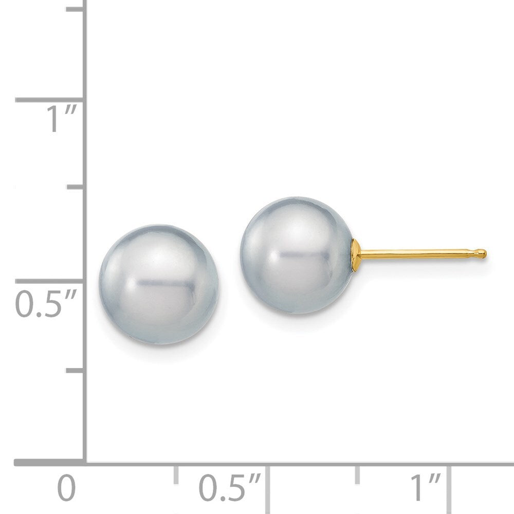 14k Yellow Gold 8-9mm Grey Round Freshwater Cultured Pearl Stud Earrings