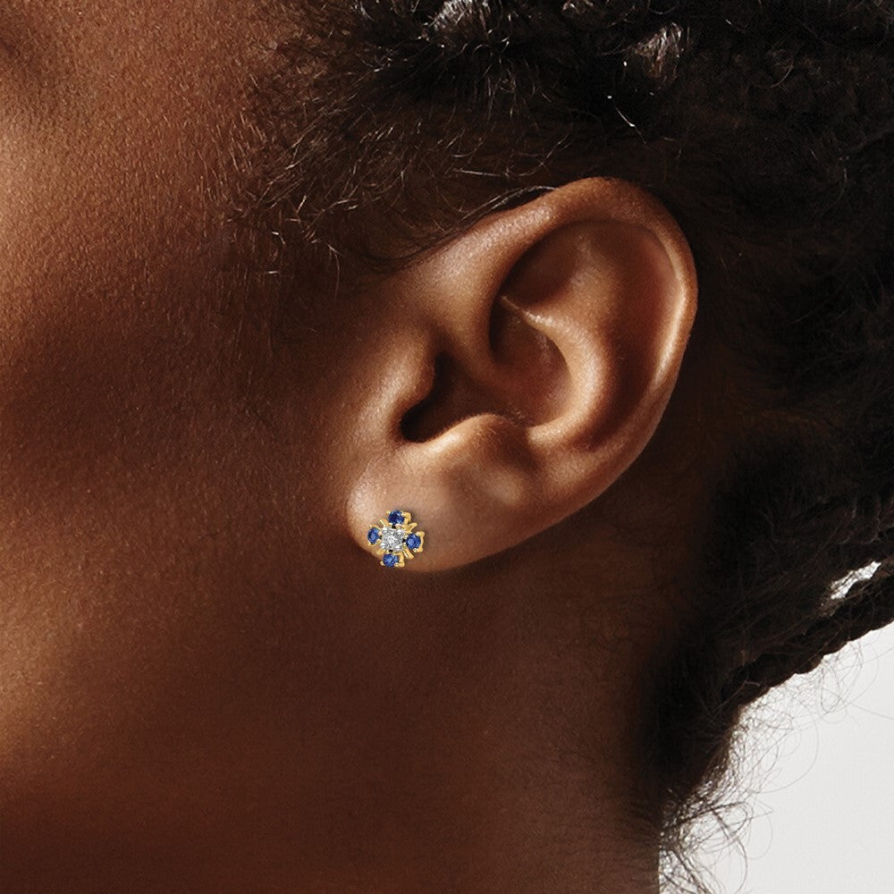 14k Yellow Gold Gold Blue Sapphire and Diamond Stud Earrings