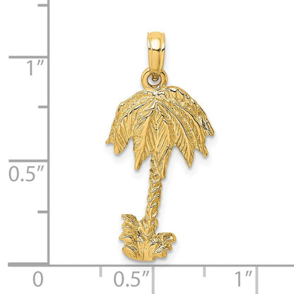 14k Yellow Gold 2-D Textured Single Palm Tree Charm Pendant for Women