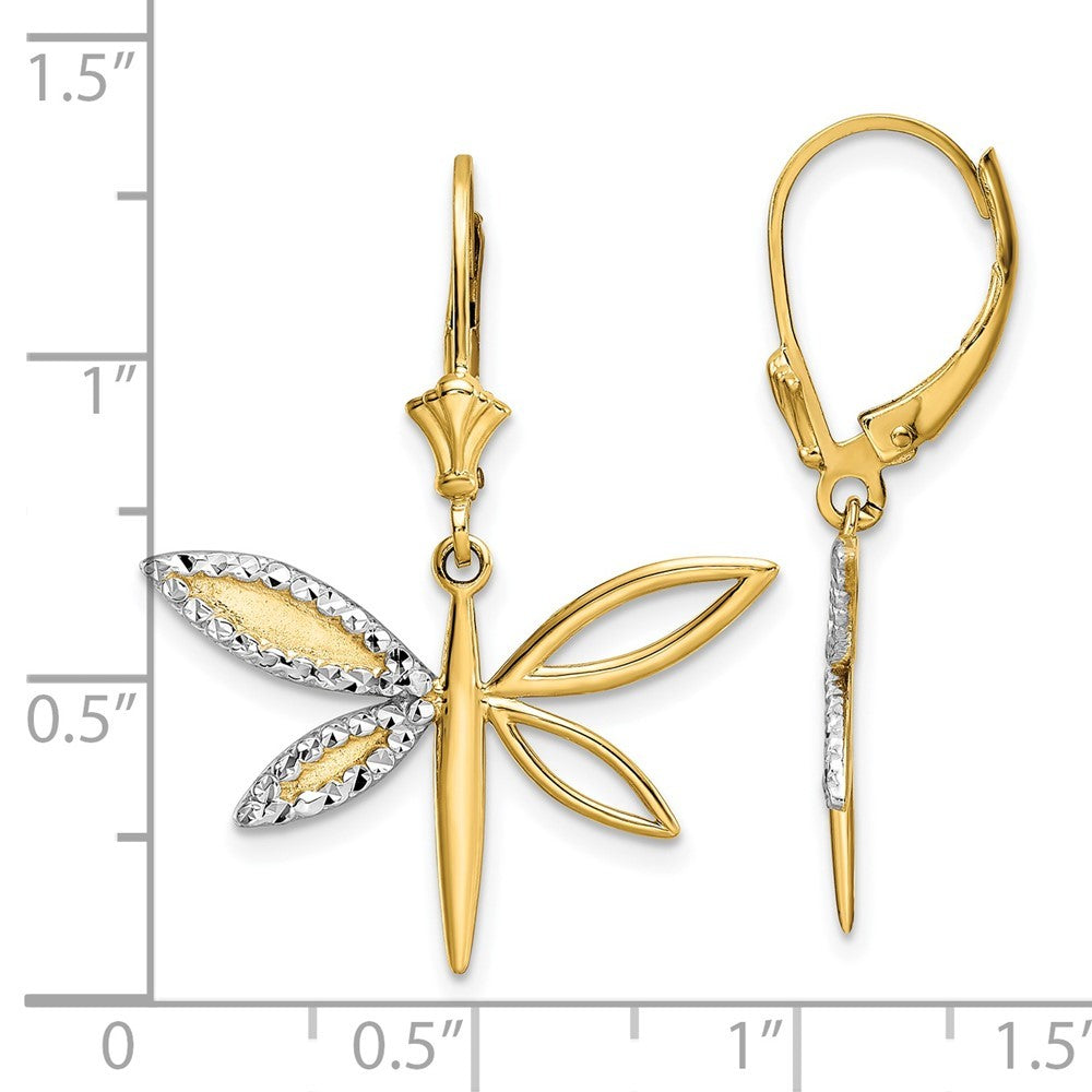 14k Yellow Gold & White Rhodium Diamond-Cut Dragonfly Drop Dangle Earrings