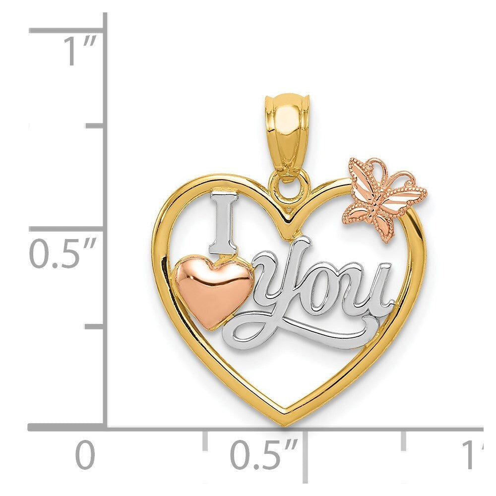 14k Two-tone Gold White Rhod I LOVE YOU Heart Butterfly Pendant