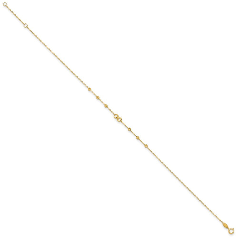 14k Yellow Gold Infinity Symbol and Diamond-cut Beads 11" Anklet