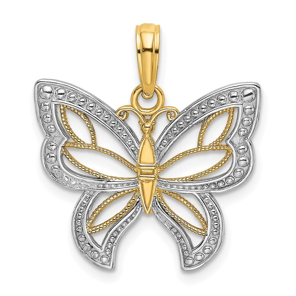 14k Yellow Gold Rhodium Butterfly  White Beaded Wings Charm Pendant
