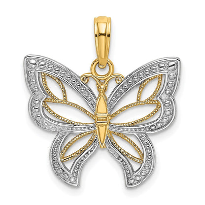 14k Yellow Gold Rhodium Butterfly  White Beaded Wings Charm Pendant