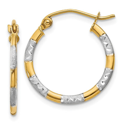 14k Yellow Gold White Rhodium Diamond Cut Hoop Earrings Gift for Women