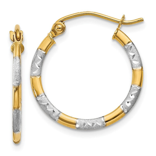 14k Yellow Gold White Rhodium Diamond Cut Hoop Earrings Gift for Women