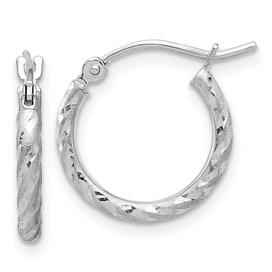 14k White Gold Polished and Satin Diamond-Cut 2.00mm Hoop Earrings