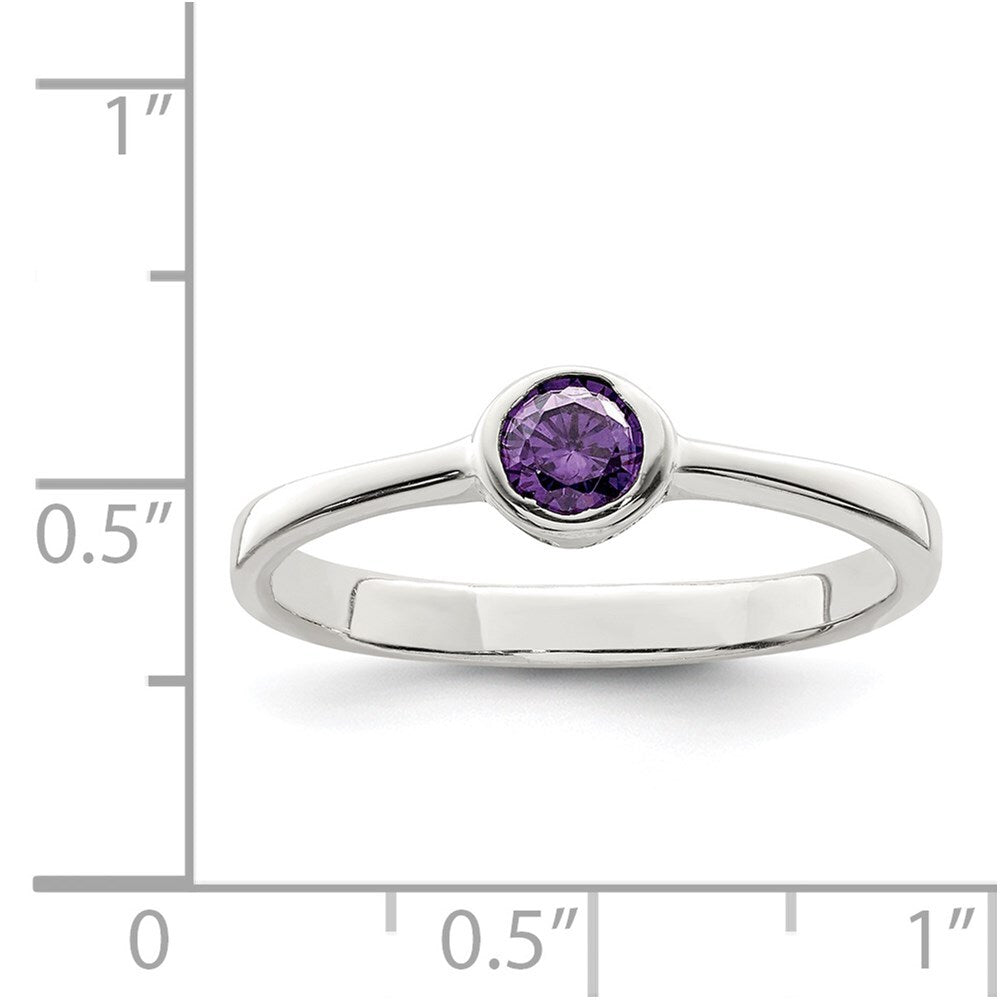 Sterling Silver Purple Round Bezel Cubic Zirconia Ring Size 8