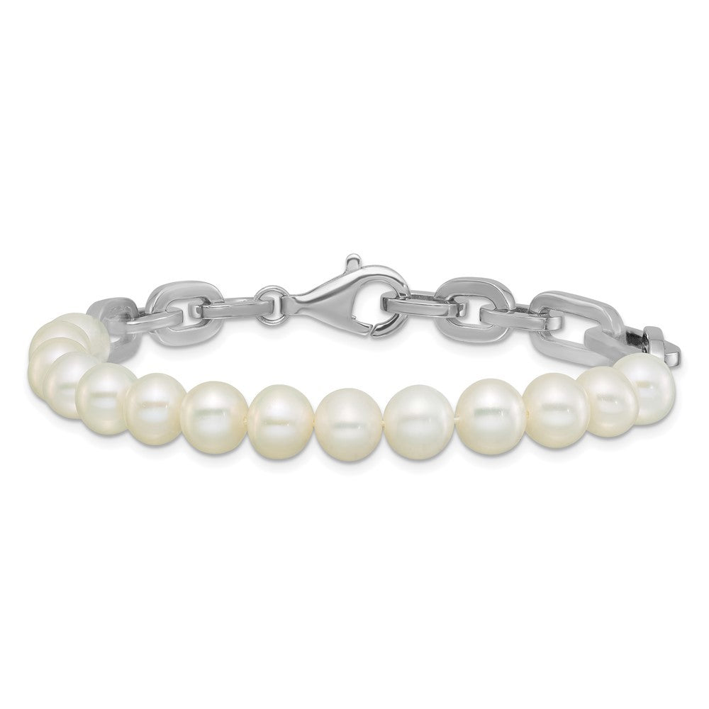 Sterling Silver Rhodium-plated 7-8mm Freshwater Cultured Pearl Link 8" Bracelet