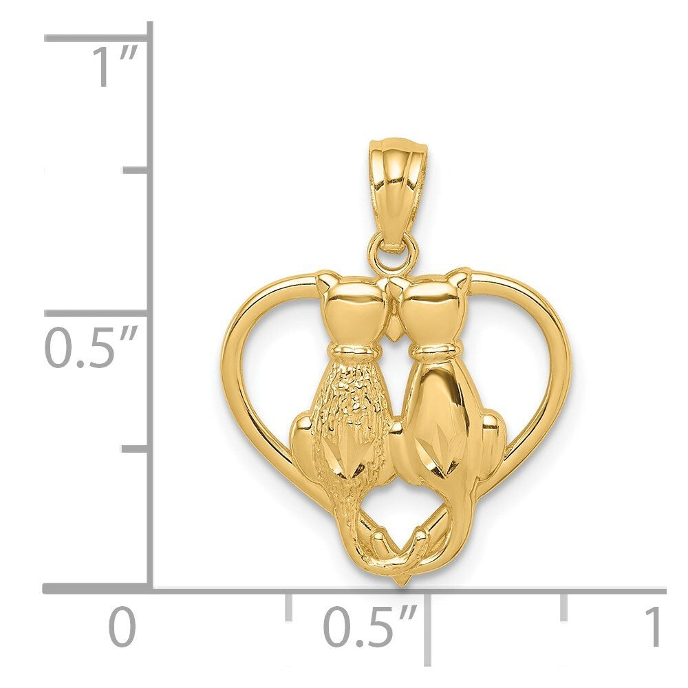 14k Yellow Gold Sitting Cats in a Heart Pendant for Women