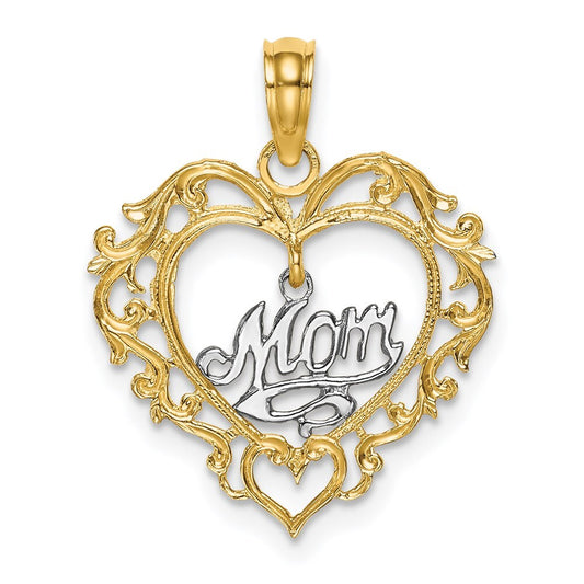 14k Two-tone Gold MOM Inside Heart Charm Pendant for Women