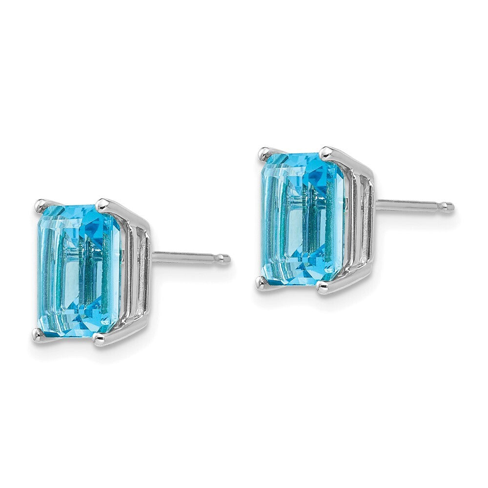 14k White Gold 9x7mm Emerald Cut Blue Topaz Stud Earrings Gift for Women