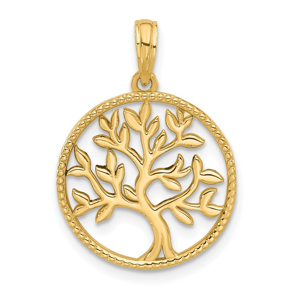 14k Yellow Gold Polished Circle with Tree Charm