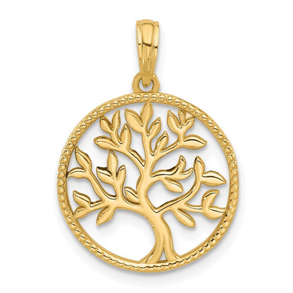 14k Yellow Gold Polished Circle with Tree Charm