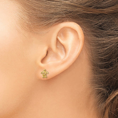 14k Yellow Gold Peace Turtle Stud Earrings Gift for Women