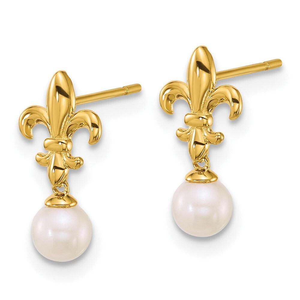 14k Yellow Gold Polished Fleur de Lis 3-4mm Cultured Pearl Dangle Earrings