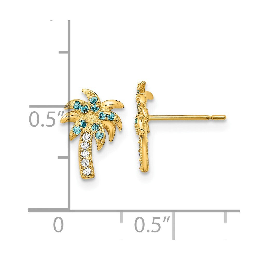 14k Yellow Gold Blue & Clear Cubic Zirconia Palm Tree Stud Earrings