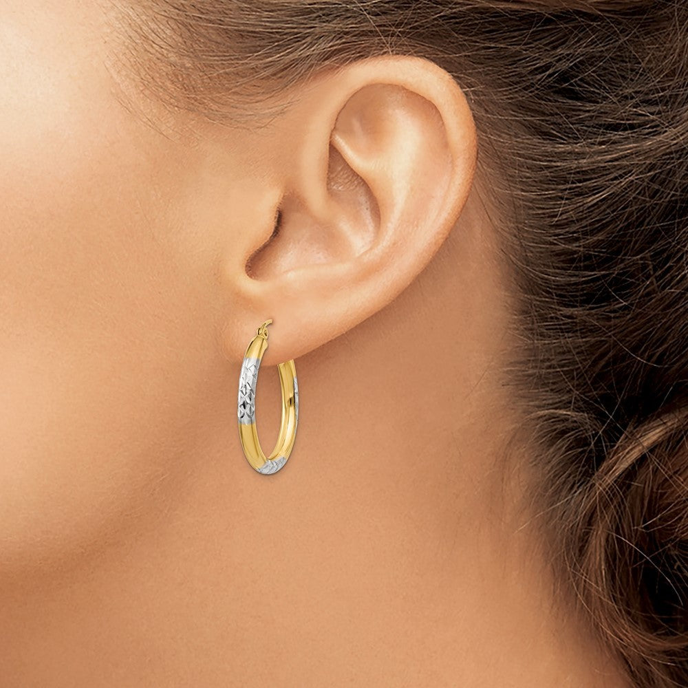 14k Yellow Gold and Rhodium Diamond-cut 3x25mm Hoop Earrings