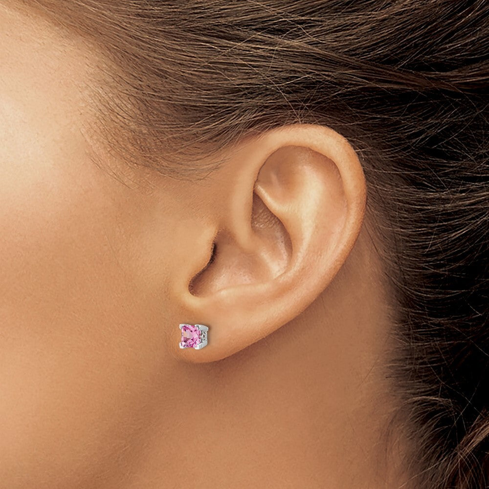 14k White Gold Square Created Pink Sapphire Stud Earrings Gift for Women