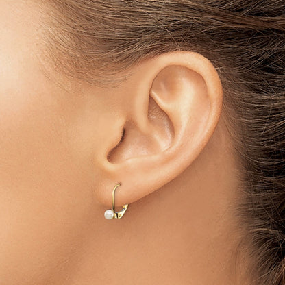 14k Yellow Gold 3-4mm White Round Freshwater Cultured Pearl Leverback Earrings