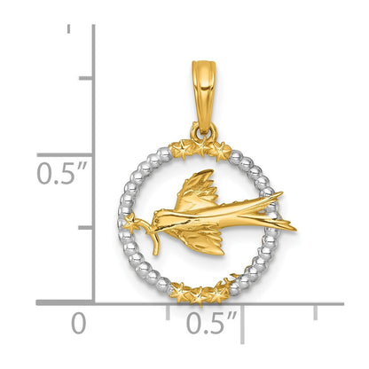 14k Yellow Gold White Rhodium Polished Flying Bird In Circle Stars Charm Pendant
