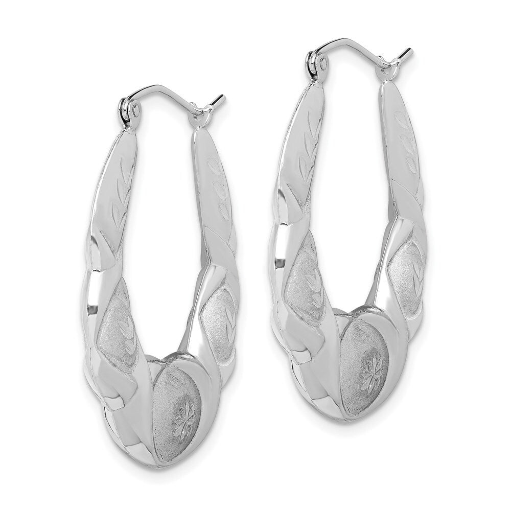 Sterling Silver Rhod-plated Satin & Diamond-cut Scalloped Oval Hoop Earrings