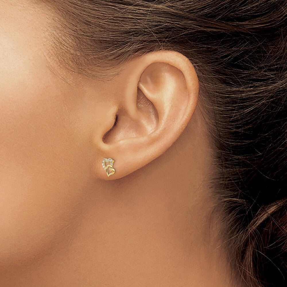 14k Yellow Gold Cubic Zirconia Double Heart Stud Earrings Gift for Women