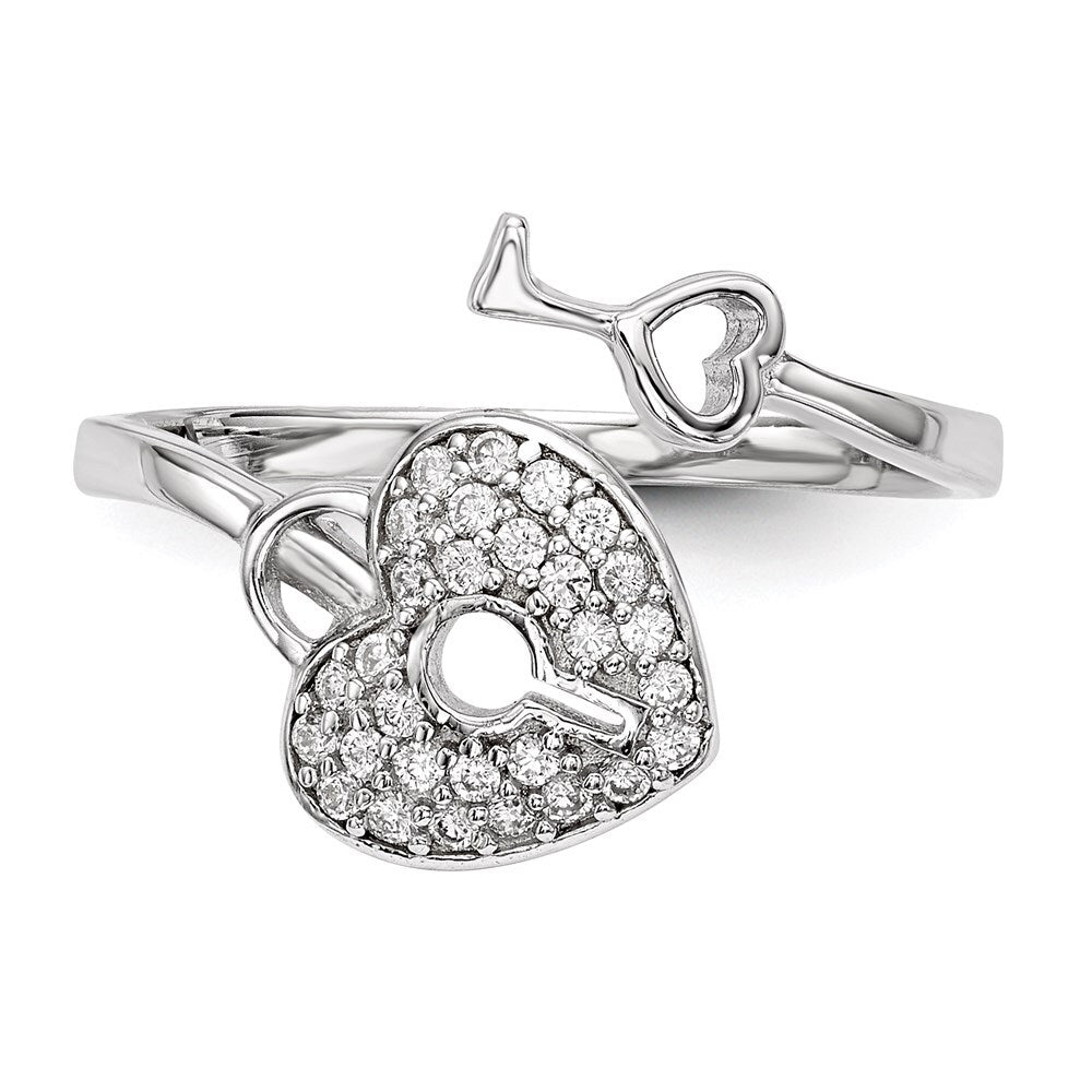Sterling Silver Rhodium-plated Cubic Zirconia Heart Lock and Key Ring Size 8