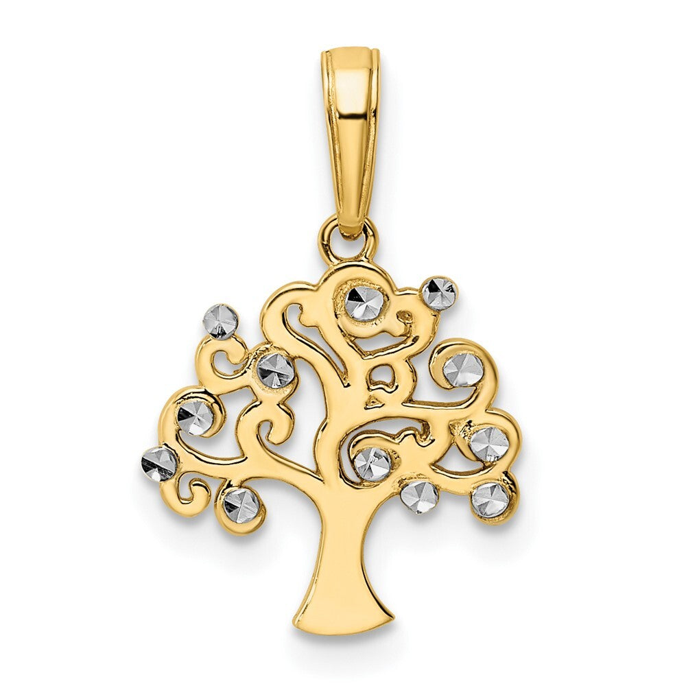 14k Yellow Gold and White Rhodium Diamond-cut Tree of Life Pendant for Women