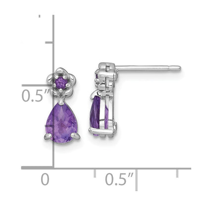 Sterling Silver Rhodium-plated Polished Amethyst Teardrop and Flower Earrings