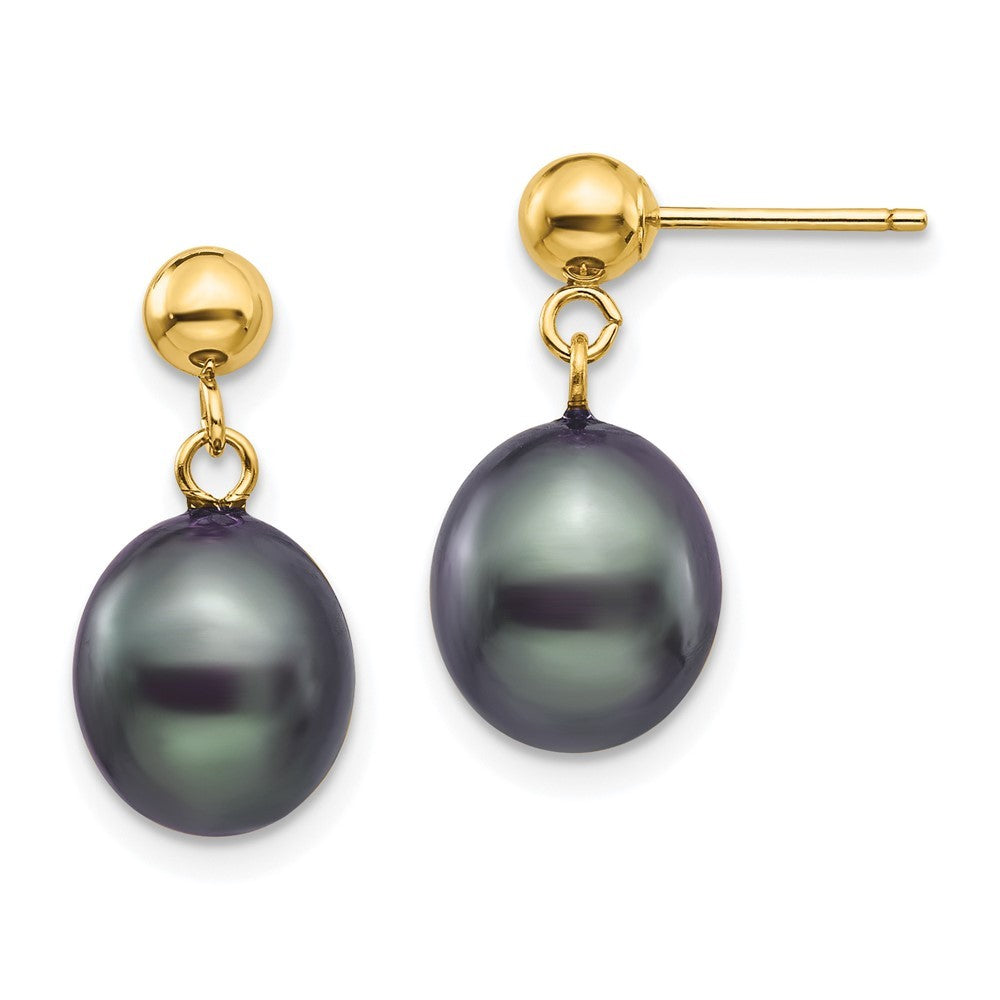 14k Yellow Gold 8-9mm Black Rice Freshwater Cultured Pearl Dangle Earrings