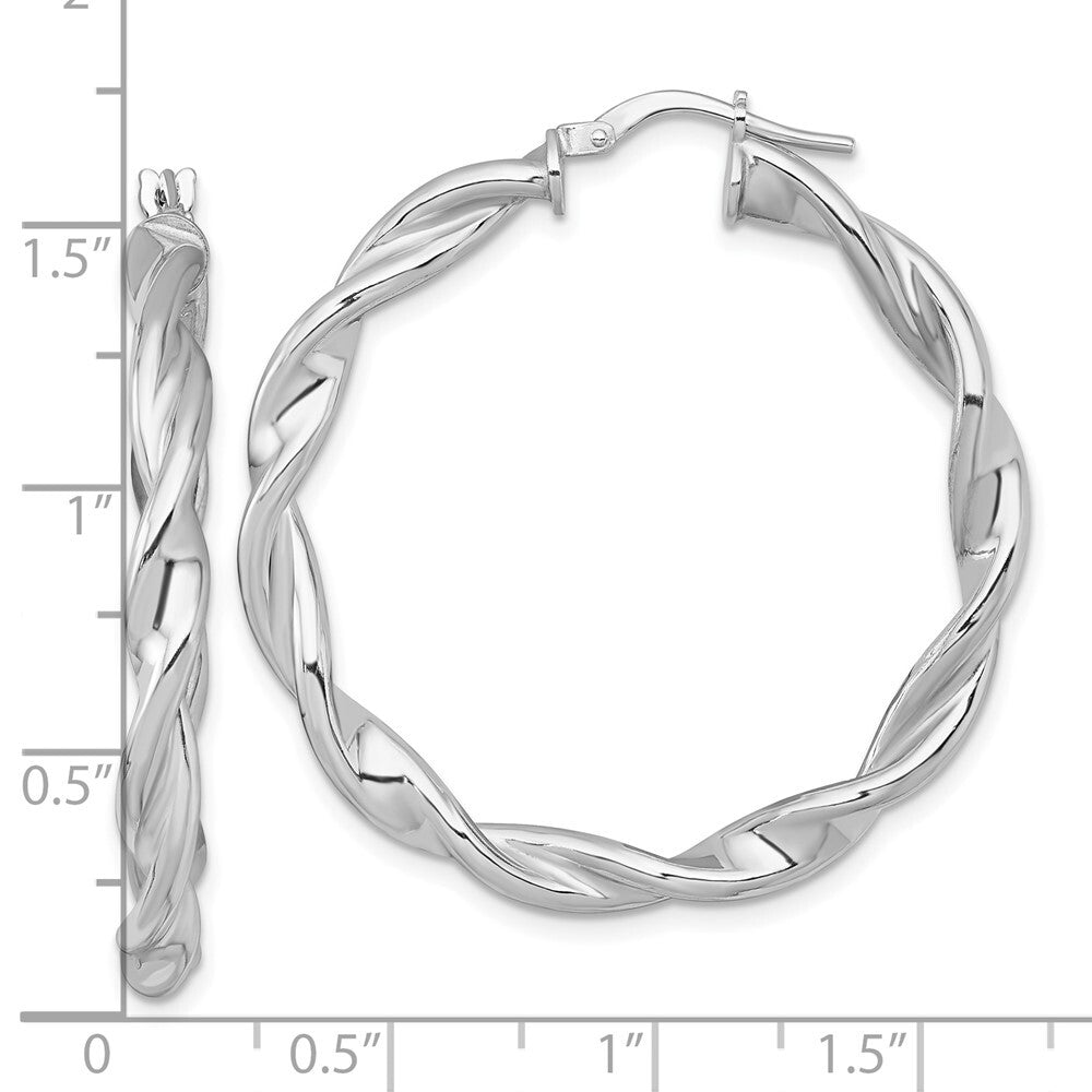 Sterling Silver RH-plated Polished and Twisted Round Hoop Earrings