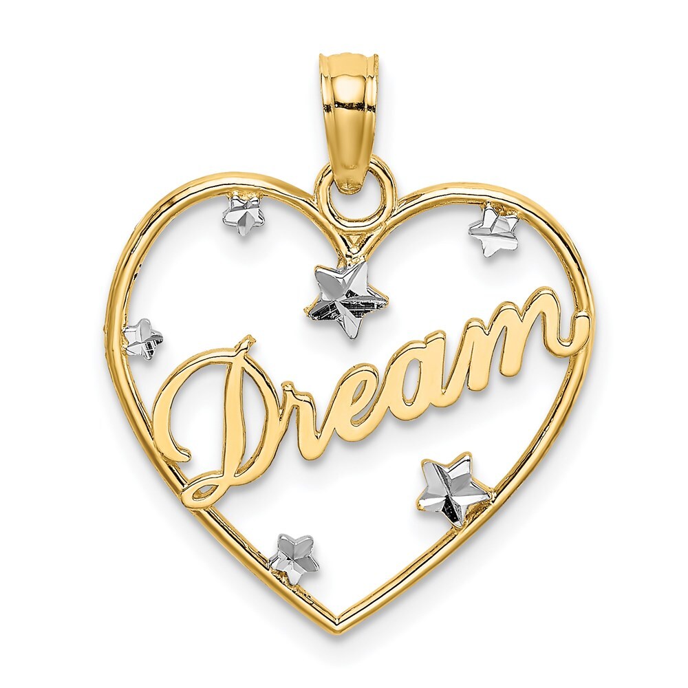 14k Yellow Gold Rhodium Diamond-cut DREAM Heart with Stars Charm Pendant