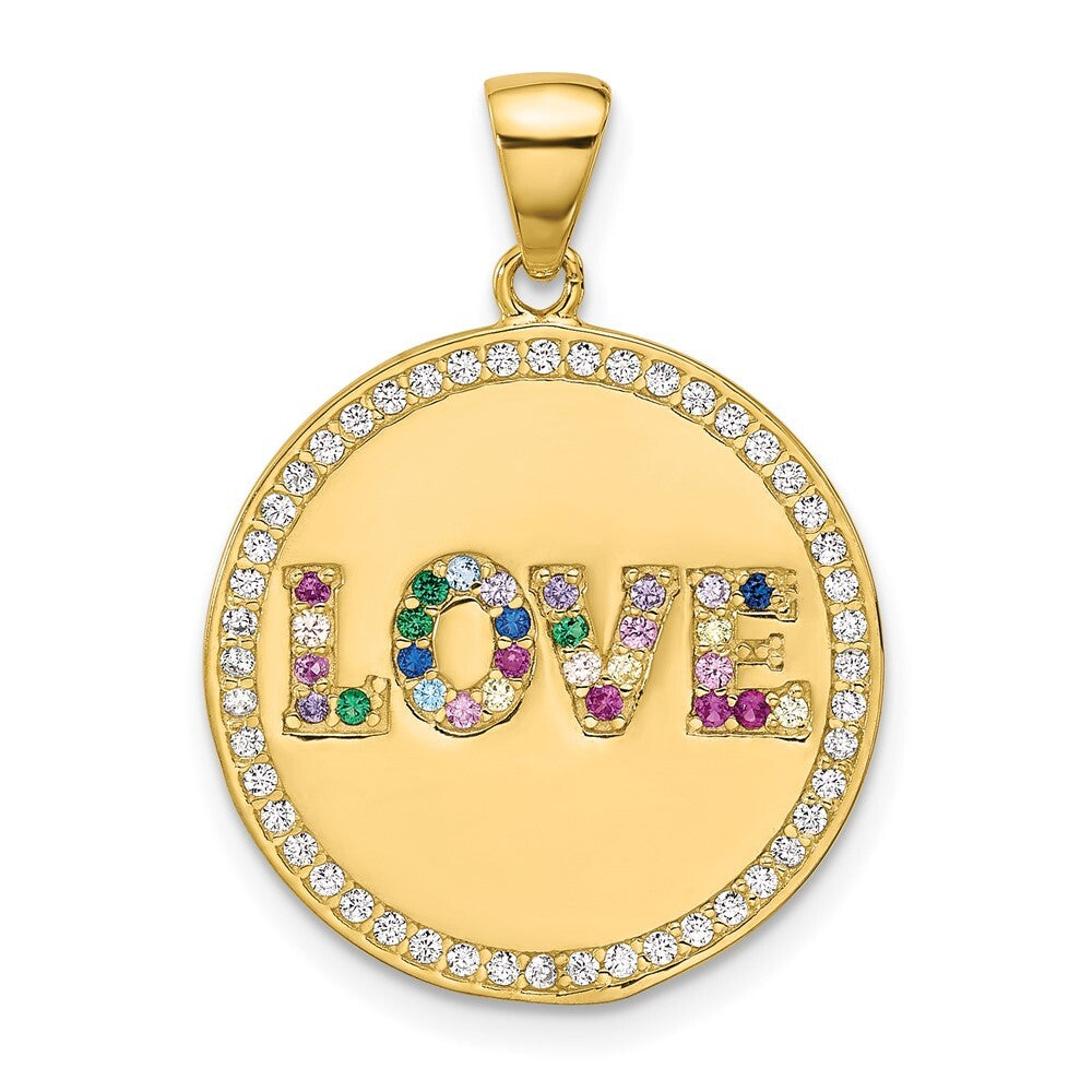 Sterling Silver Gold-tone Rainbow Cubic Zirconia Love Disc Pendant